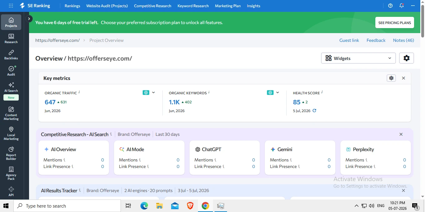 SE Ranking Dashboard Interface