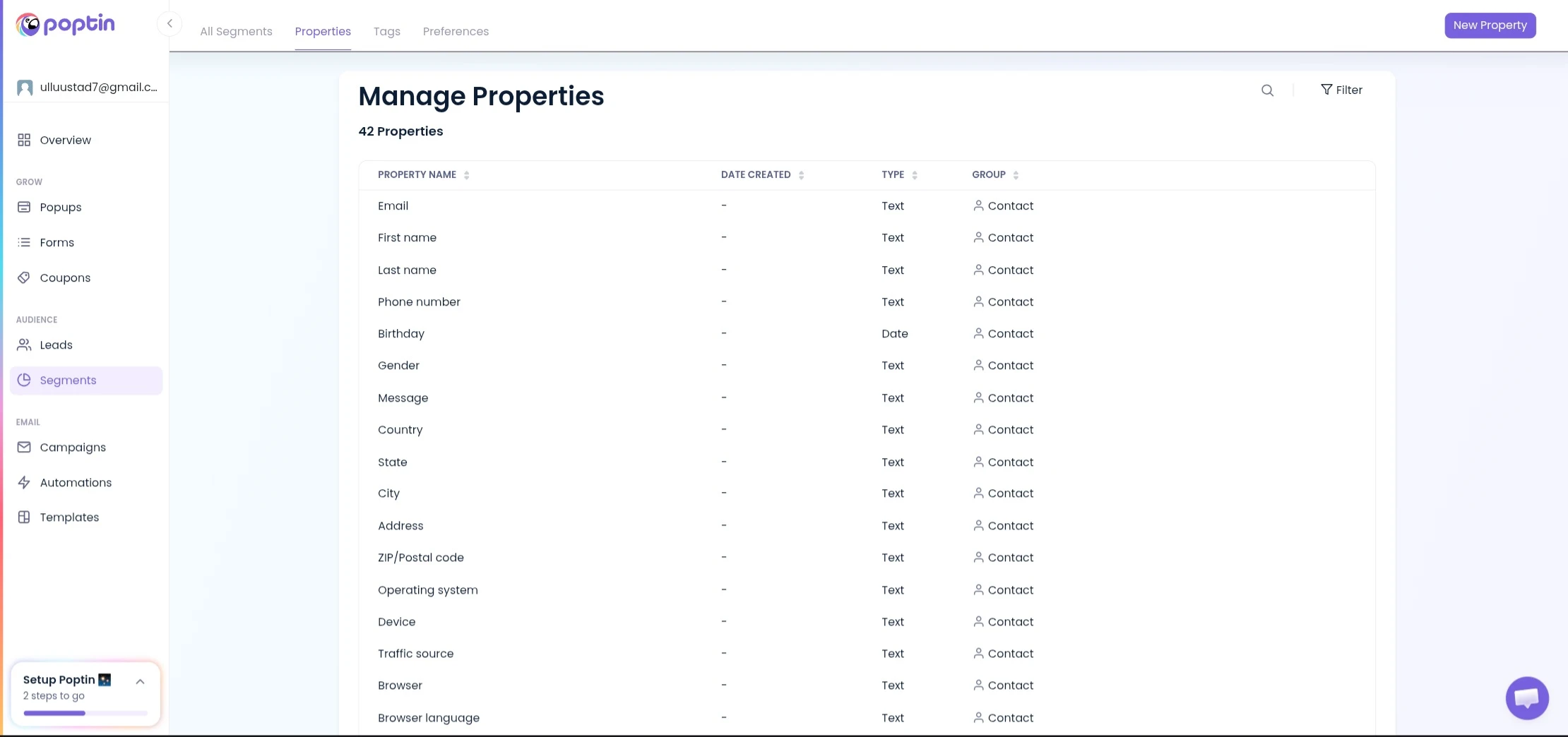 Poptin Segments and Contact Properties UI